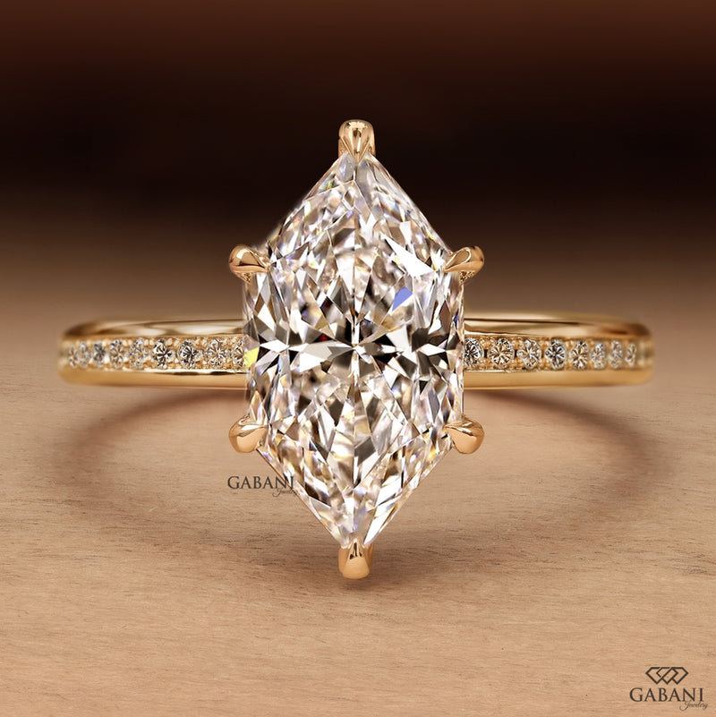 Marquise Cut Lab Grown Diamond Pavé Engagement Ring in Yellow Gold