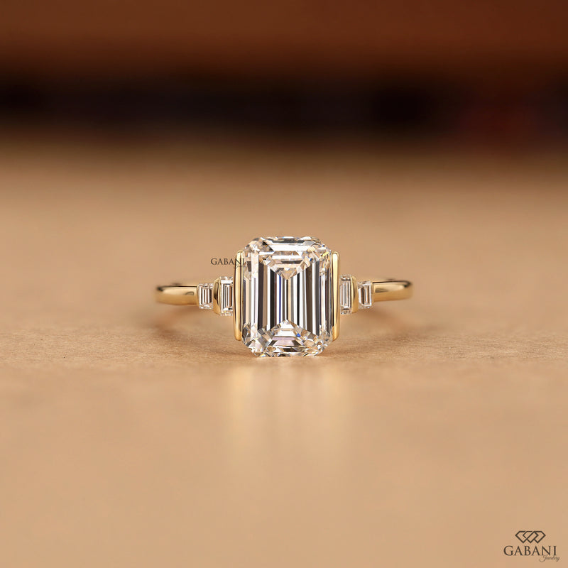 Emerald Cut Lab Grown Diamond Engagement Ring, Baguette Side Stone Solitaire Bridal Ring