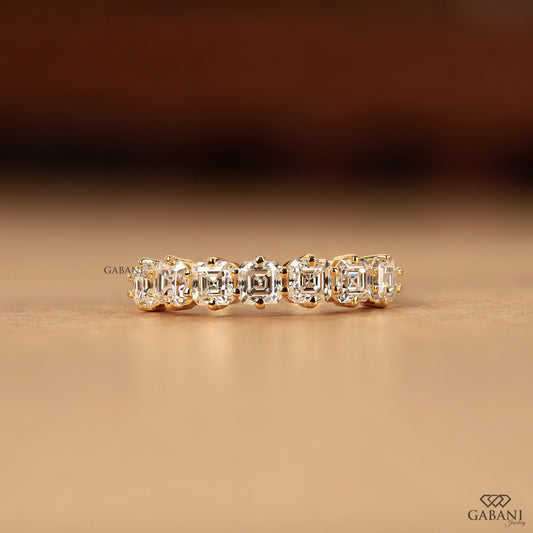 Yellow gold comfort fit wedding band with lab diamonds