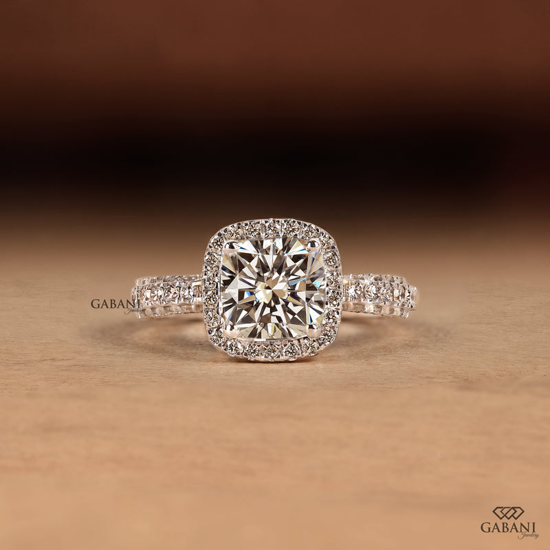Cushion Cut Lab Grown Diamond Halo Engagement Ring, Pavé Diamond 14K Gold Bridal Ring