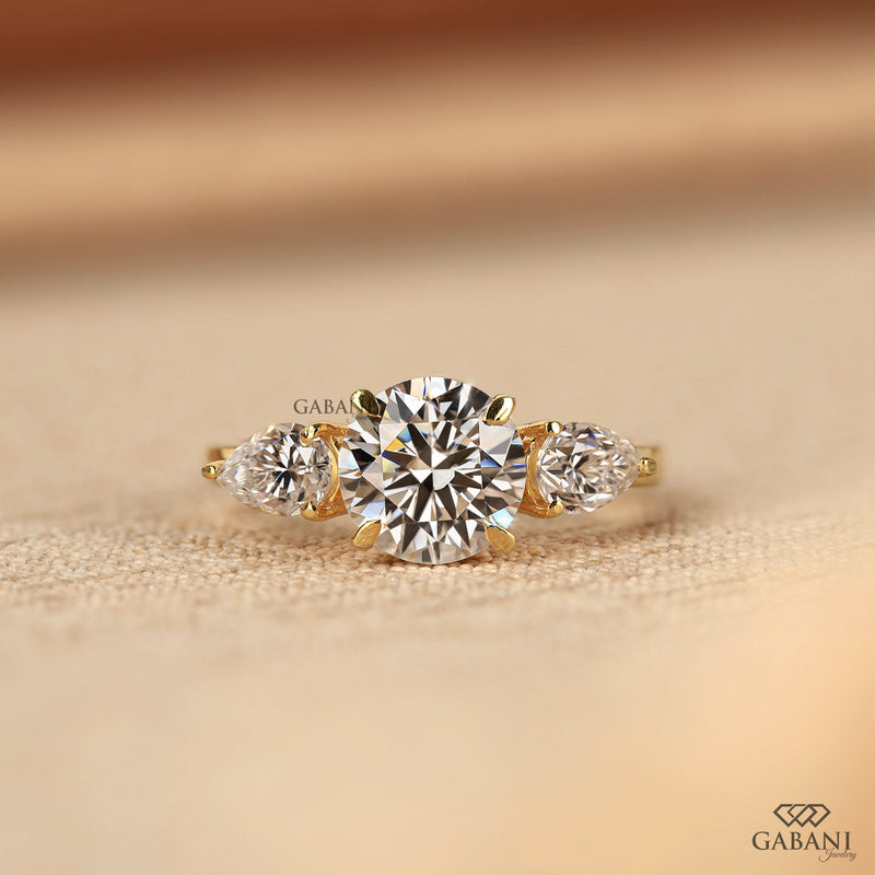 Round Diamond Three Stone Engagement Ring, Pear Side Stone Gold Ring