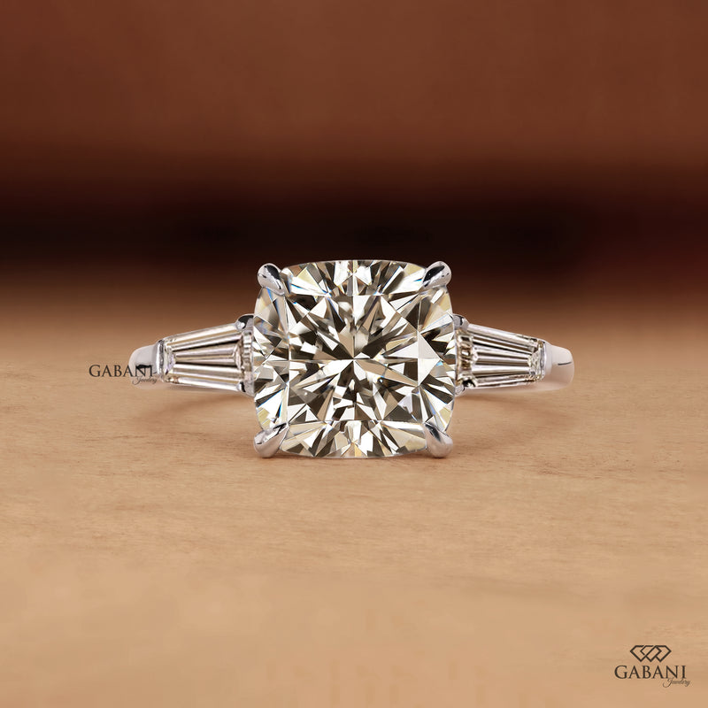 Cushion Cut Lab Grown Diamond Engagement Ring, Baguette Side Stone Bridal Ring