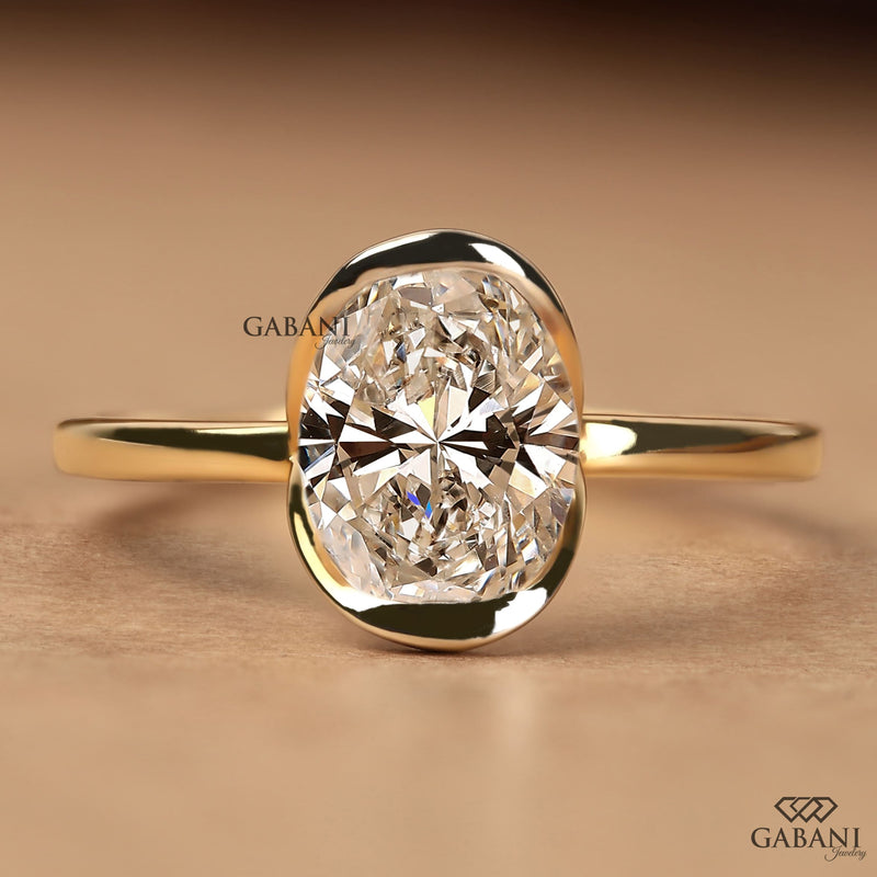 Oval Cut Lab Grown Diamond Half Bezel Solitaire Engagement Ring