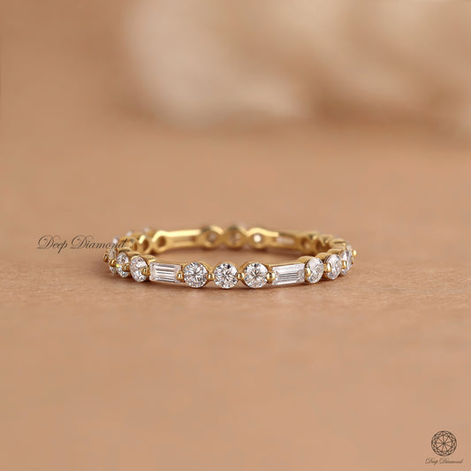 Alternating Baguette and Round Diamond Band, Lab Grown Diamond Wedding Band, 14K Gold Bridal Eternity Ring, Delicate Matching Ring for Women