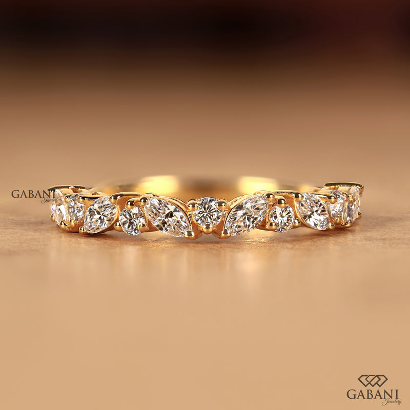 Marquise and Round cut Diamond Half Eternity Wedding Band