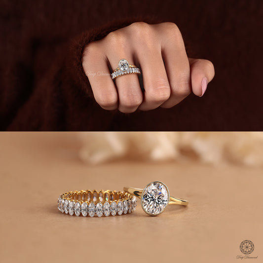 Oval Cut Lab Grown Diamond Pave Setting Band, 4.3MM Stacking Matching Band, 14K Gold Minimalist Shared Prong Diamond Band, Anniversary Gift for Women