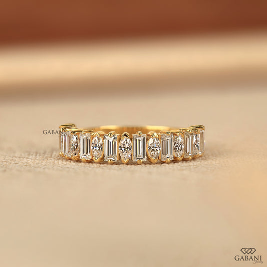 Handmade baguette and marquise lab diamond half eternity ring by Gabani Jewelry