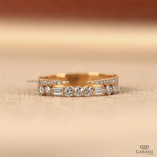 gabani jewelry double row baguette and round lab grown diamond half eternity band in 14k yellow gold