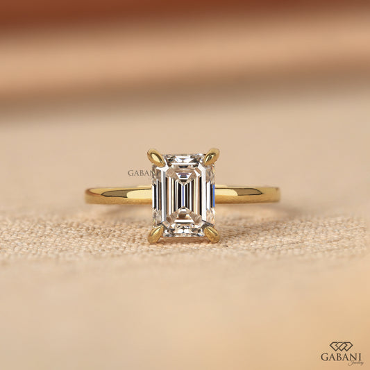 Emerald cut lab grown diamond solitaire ring in yellow gold
