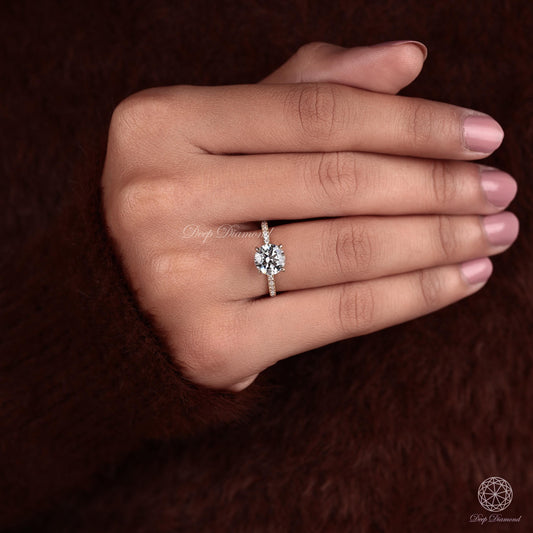 Round Cut Diamond Hidden Halo Ring, 2 CT IGI Certified Lab Grown Diamond Solitaire Ring, Side Pave Set Engagement Ring, Bridal Proposal Ring