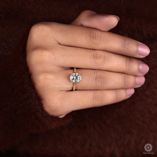 Round Diamond Solitaire Ring, 1–2 CT Half Bezel Set Excellent Cut Lab Grown Diamond Ring, Engagement Ring for Wedding Band, Bridal Ring