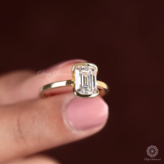 Emerald Cut Half Bezel Set Solitaire Ring, 1–3 CT Lab Grown Diamond Ring, Engagement Ring for Women, Everyday Wear Ring, Anniversary Ring