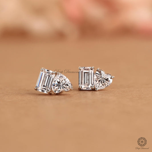 Toi et Moi Lab Grown Diamond Stud Earrings, 0.80 CT Heart and Emerald Diamond Studs, Screw Back or Push Back Studs for Women, Daily Wear Earrings