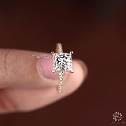 Princess Cut Lab Grown Diamond Hidden Halo Ring, Pave Set Solitaire Ring, 1–3 Carat EF/VS1 Clarity Diamond Ring, Engagement Ring for Women