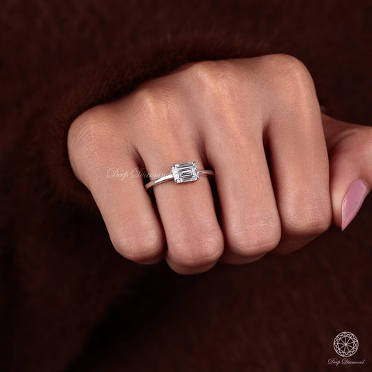 East to West Emerald Diamond Engagement Ring, 1–3 CT IGI Certified Lab Created Diamond Ring, 14K White Gold Solitaire Ring, Proposal Ring