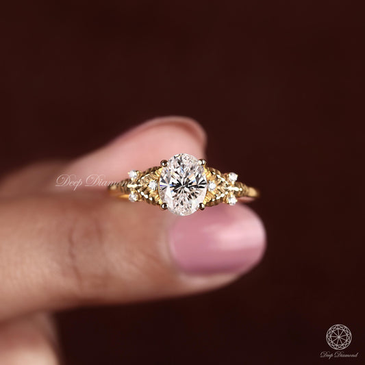 Nature Inspired Engagement Ring, Oval Cut Lab Grown Diamond Ring, IGI Certified EF/VS1 Diamond Ring, Leaf Style Wedding Ring, Vintage Rings