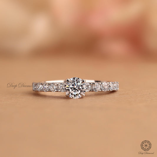 Dainty Lab Grown Diamond Engagement Ring, 0.25–1.0 CT Round Cut Diamond Wedding Ring, Side Pave Set Solitaire Ring, Promise Ring for Wife