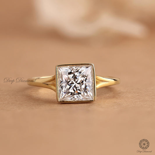 Princess Cut Lab Grown Diamond Ring, Bezel Set Engagement Ring for Women, 1–3 CT Excellent Cut E/VS1 Solitaire Diamond Ring, Proposal Ring