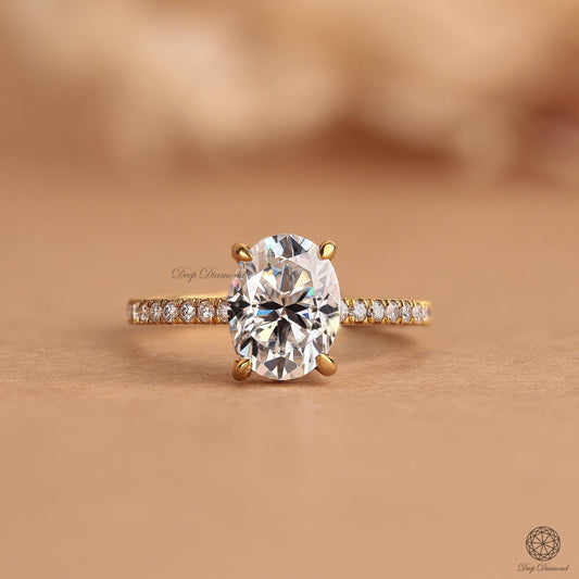 Oval Diamond Hidden Halo Ring, IGI Certified 1–3 CT Lab Created Diamond Engagement Ring, Side Pave Set Ring, Anniversary or Proposal Ring