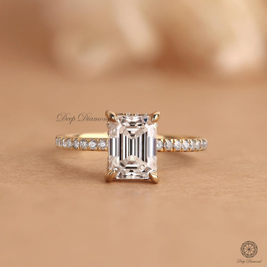 Emerald Cut Lab Grown Diamond Ring, Hidden Halo Engagement Ring, IGI Certified 0.50–3 CT Lab Diamond Wedding Ring, Pave Set Solitaire Ring