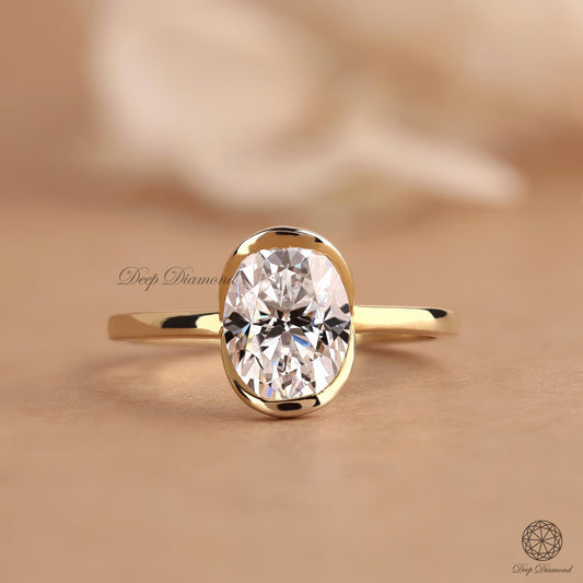 Oval Diamond Ring, Half Bezel Set Lab Grown Diamond Engagement Ring, Excellent Cut IGI Certified 1–3 CT Solitaire Ring, Anniversary Ring