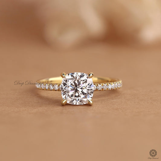 Cushion Diamond Engagement Ring, Hidden Halo Solitaire Ring for Women, 2 CT Lab Created Diamond Ring, Bridal Wedding Ring, Comfort Fit Ring