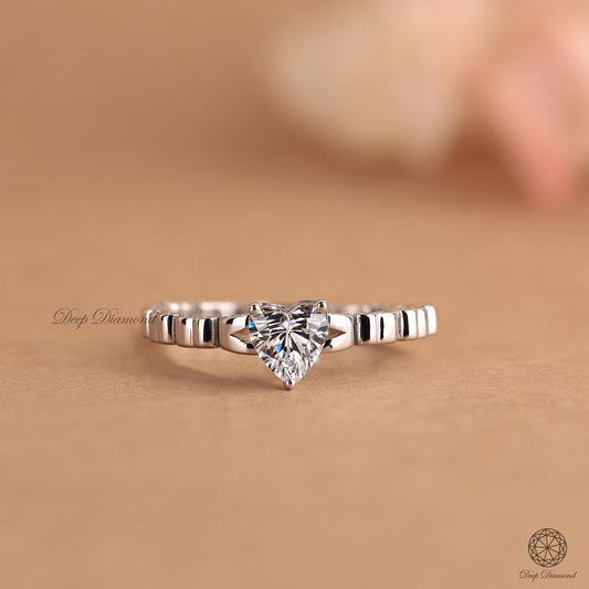Heart Cut Lab Grown Diamond Ring with Art Deco Shank, IGI Certified 0.5–3 CT E/VS1 Diamond Engagement Ring, Dainty Solitaire Ring for Her