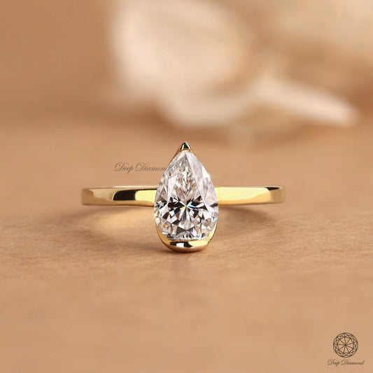 1.50 CT Pear Shaped Diamond Ring, IGI Certified Lab Grown Diamond Engagement Ring, Half Bezel Set Solitaire Ring, Perfect Fit Bridal Ring