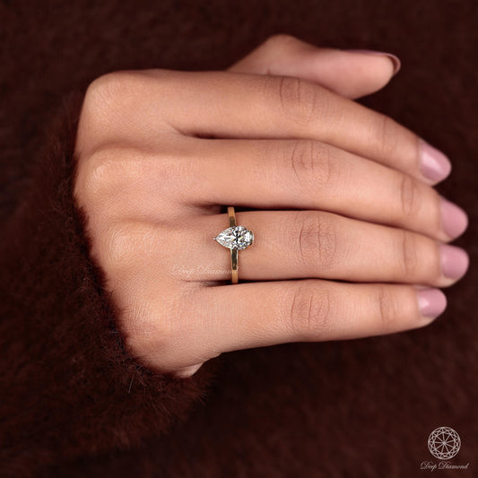 1.50 CT Pear Shaped Diamond Ring, IGI Certified Lab Grown Diamond Engagement Ring, Half Bezel Set Solitaire Ring, Perfect Fit Bridal Ring