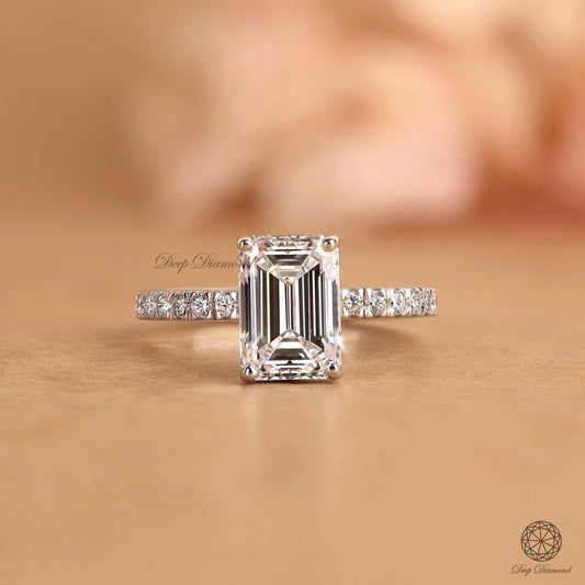 2 Carat Emerald Cut Diamond Engagement Ring, IGI Certified EF/VS1 Lab Grown Diamond Ring, Side Pave Wedding Ring, Handmade Anniversary Ring