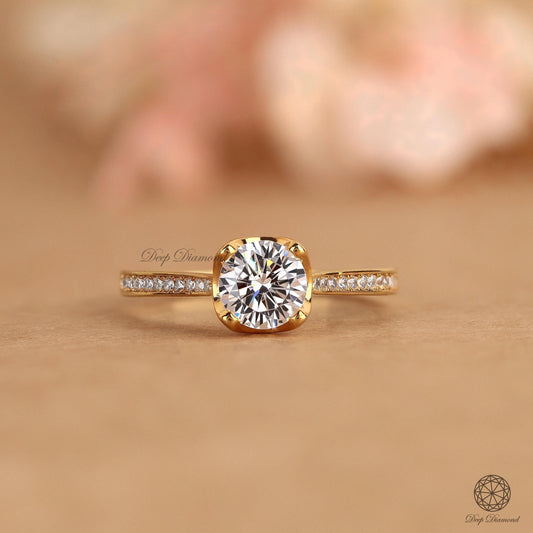 Round Diamond Engagement Ring, Tapered Side Pave Wedding Ring, IGI Certified F/VS1 Brilliant Cut Lab Grown Diamond Ring, Unique Halo Ring