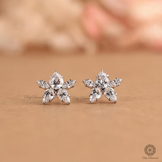 Cluster Diamond Stud, Marquise and Pear Cut Lab Grown Diamond Studs, Five Stone Studs, Wedding Stud, Push Back or Screw Back Earrings for Women