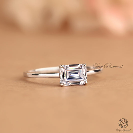 East to West Emerald Diamond Engagement Ring, 1–3 CT IGI Certified Lab Created Diamond Ring, 14K White Gold Solitaire Ring, Proposal Ring