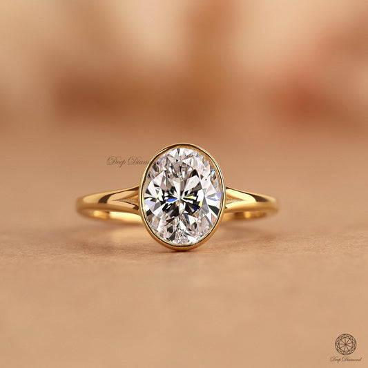 Oval Cut Lab Grown Diamond Solitaire Ring, Bezel Set CVD Diamond Engagement Ring, 2 CT F/VS1 Diamond Split Shank Ring, Proposal Ring for Her