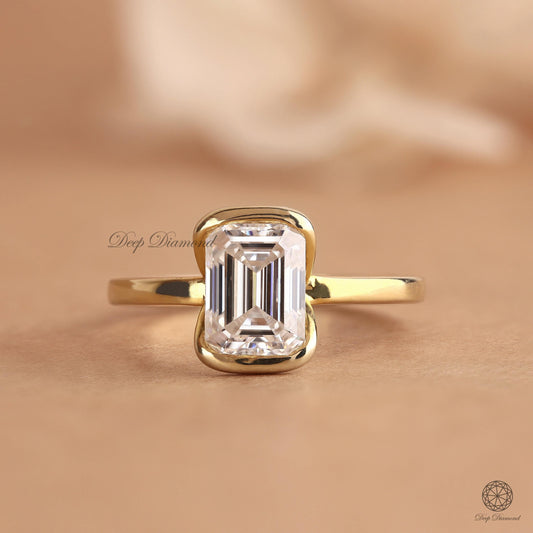 Emerald Cut Half Bezel Set Solitaire Ring, 1–3 CT Lab Grown Diamond Ring, Engagement Ring for Women, Everyday Wear Ring, Anniversary Ring