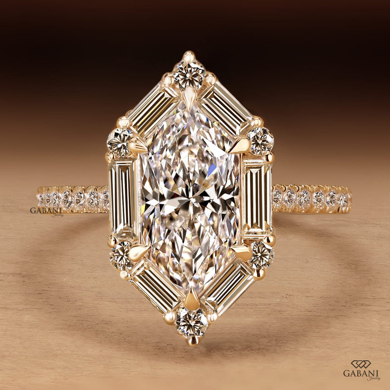 Marquise Cut Lab Grown Diamond Engagement Ring with Baguette & Round Side Diamonds