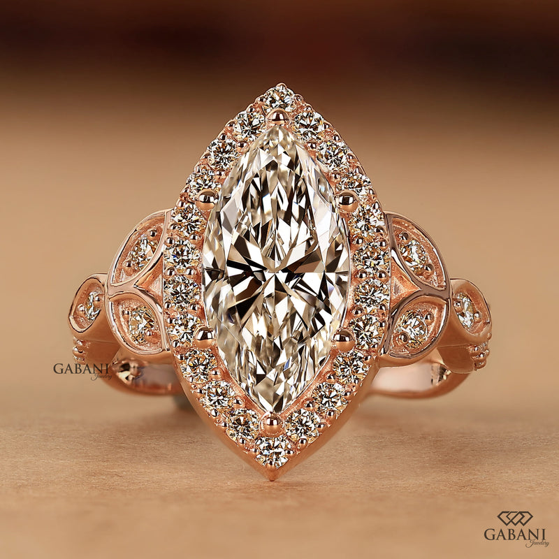 Marquise Cut Lab Grown Diamond Halo Engagement Ring with Leaf Design Band