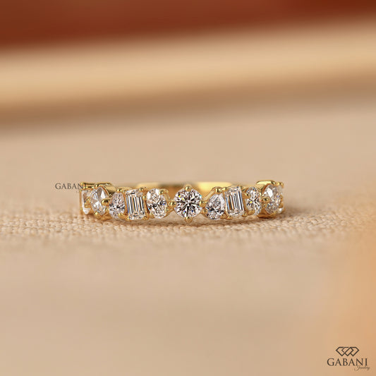 Lab grown diamond wedding band with mixed diamond shapes and sleek pipe shank style