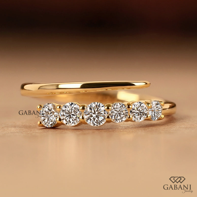Round Cut Lab Grown Diamond Open Band, Bypass Stacking Wedding Ring for Women