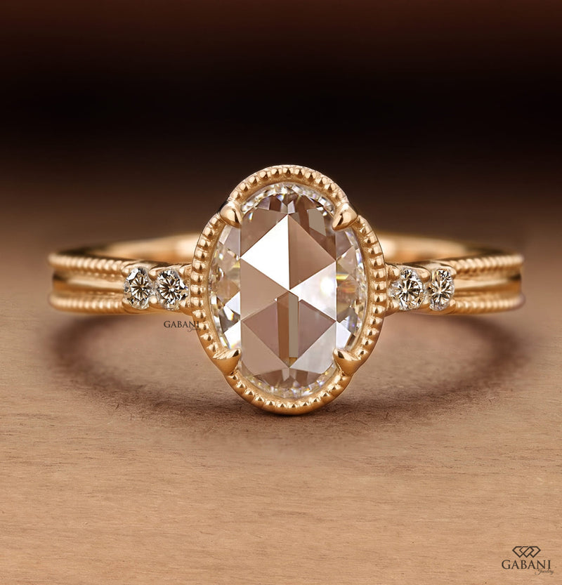 Oval Rose Cut Lab Grown Diamond Engagement Ring, Vintage Milgrain Side Stone Ring in 14K Gold