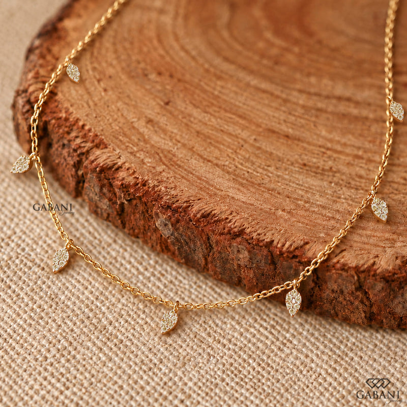 Round Cut Diamond Leaf Charm Necklace with Dainty Yellow Gold Chain