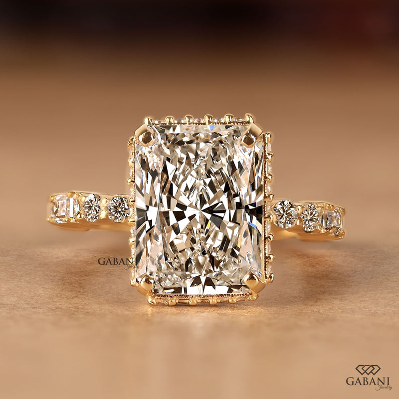 6 CT Radiant Cut Lab Grown Diamond Engagement Ring with Round & Baguette Side Diamonds