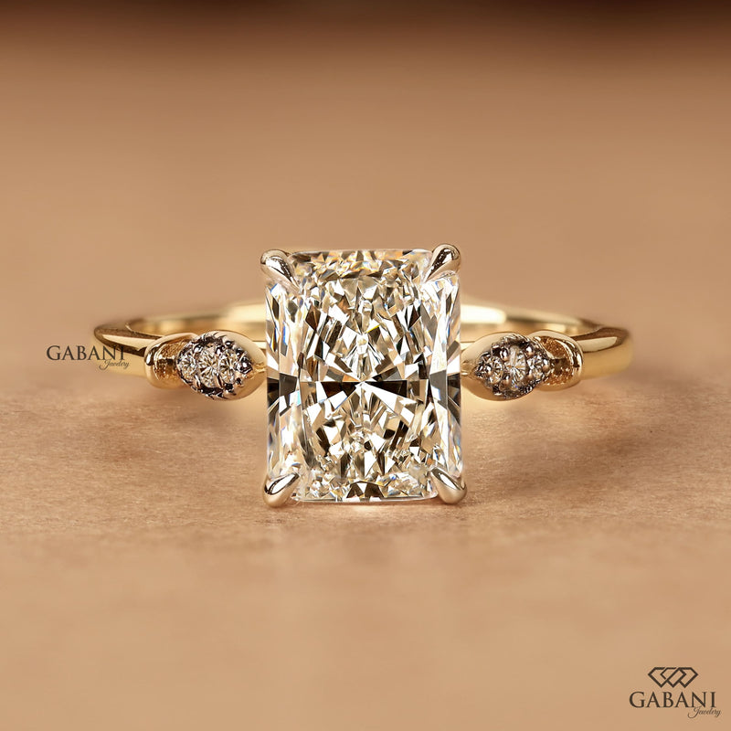 Radiant Cut Lab Grown Diamond Engagement Ring with Round Side Diamond Clusters