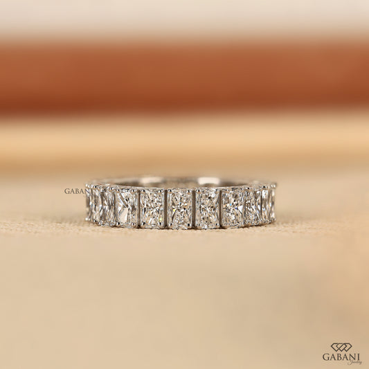 Radiant cut lab grown diamond full eternity wedding band in solid white gold with thick wide profile