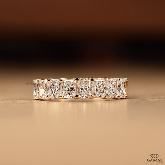 radiant cut lab grown diamond wedding band in gold half eternity u prong design with 8 stones