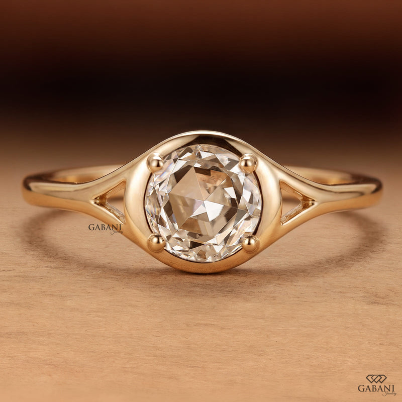 Round Rose Cut Lab Grown Diamond Engagement Ring, Sculpted Bezel Solitaire