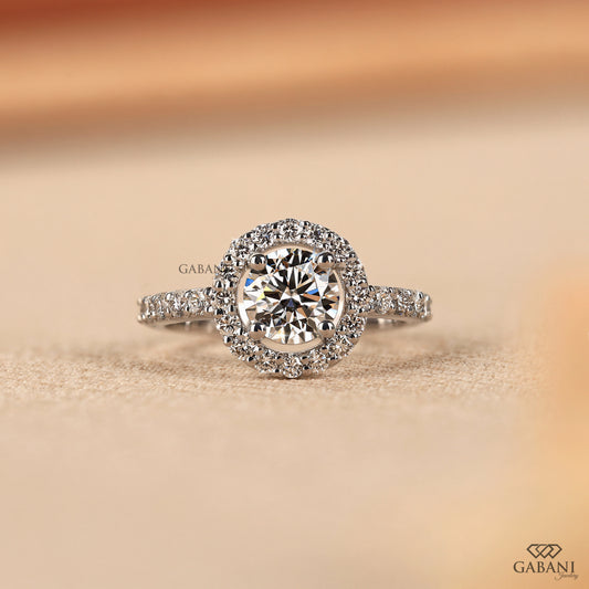 round cut lab grown diamond halo ring in white gold with pavé setting