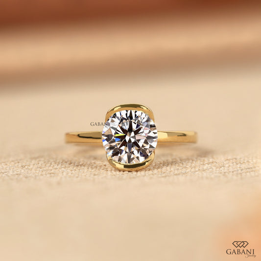 half bezel set round lab grown diamond solitaire ring in yellow gold