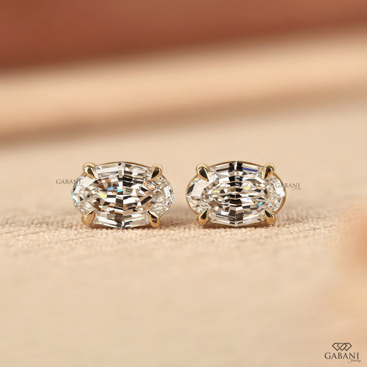 oval step cut lab grown diamond stud earrings in gold