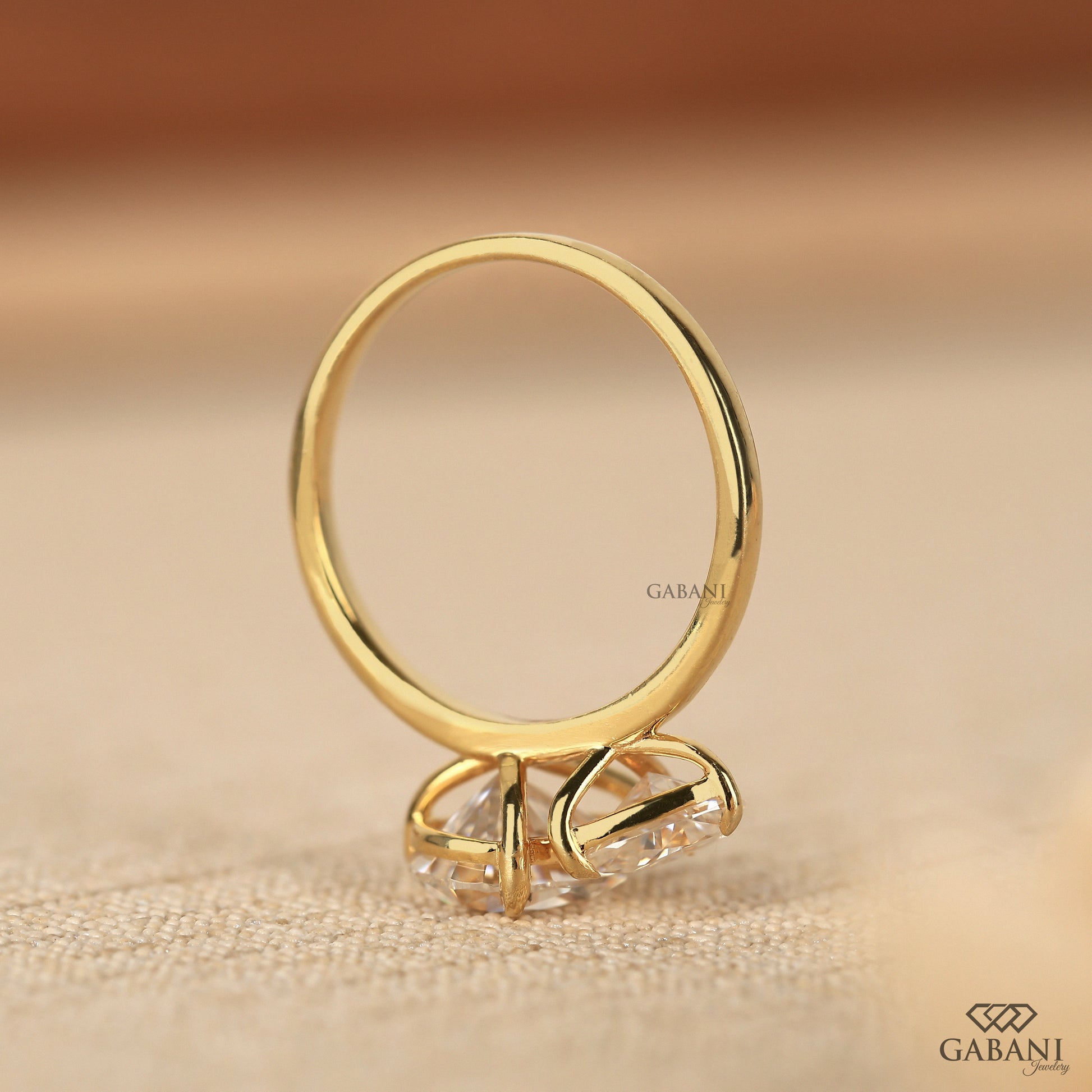 two stone pear diamond ring in yellow gold with lab grown diamonds and comfort fit band